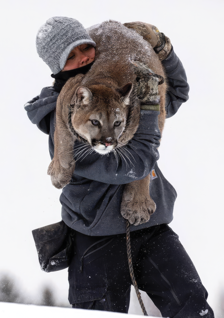 Person carrying a mountain lion over their shoulders while walking through a snowy landscape.